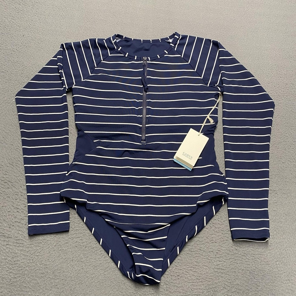 Carve Designs Swimsuit Womens Medium Blue LS All Day One-piece UPF 50 Stripe Zip